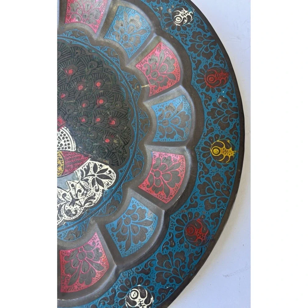 Vintage Old Brass Peacock Design Inlay Work Carved Serving Tray Plat Rich 13